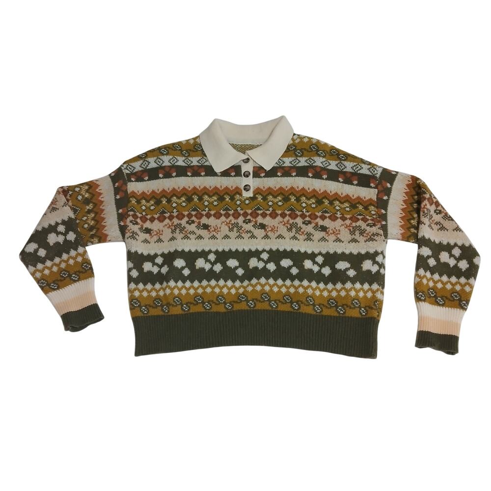 Dazy Women's XL Olive Green Fair Isle Geo Knit Polo Collar Sweater Fall Grandpa